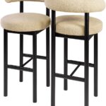 Modern SOSIS Bar Stool with rounded backrest, Trondheim upholstery, and a minimalist black frame. Perfect for stylish bar or kitchen settings.