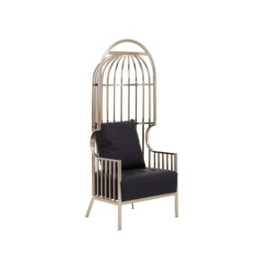 FROST Chair with silver cage frame and black leather-effect cushions, offering luxurious comfort and modern style.