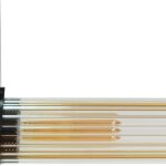 Minimalist ceiling lamp made of solid brass and glass with a black and brushed brass finish. Features adjustable height and four E27 sockets for versatile lighting.