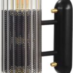 Vertical wall light with a solid brass and glass construction, black and brushed brass finish, featuring two E27 sockets for ambient illumination.