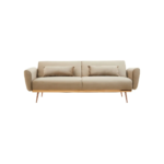 HARRO Sofa Bed in mink velvet with a convertible backrest, foam-padded seat, angular arms, and rose gold-finished metal legs for modern elegance.