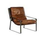 BASTIEN Tan Lounge Chair with light brown distressed leather, cushioned backrest, tonal stitching, and sleek metallic frame for a modern industrial look.