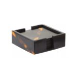 RUNE Coaster Set with a sleek black storage box and resin coasters featuring tortoise shell accents, ideal for stylish table protection.