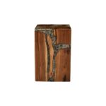 HESTON Stool crafted from teak wood with a burnt wood effect, amber resin finish, and broken glass inlays, ideal for industrial and modern spaces.