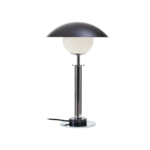 MONARCH Table Lamp with silver metal body, black marble base, glass globe, and black flying saucer-style lampshade.