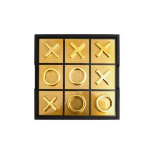 FYNN Noughts and Crosses Game crafted from black Sheesham wood and gold-finish aluminium, combining functionality with luxurious design.