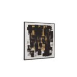 Abstract ARLO Wall Painting featuring black and white strokes with gold foil accents in a sleek wooden frame.