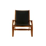 JOEY Chair with sculpted teak wood frame, plain black leather upholstery, stud detail, and mid-century modern architectural design.