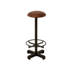 VERNE Barstool featuring a brown leather round seat, black iron cylindrical stand, wide footrest with lattice design, and stable chunky base.