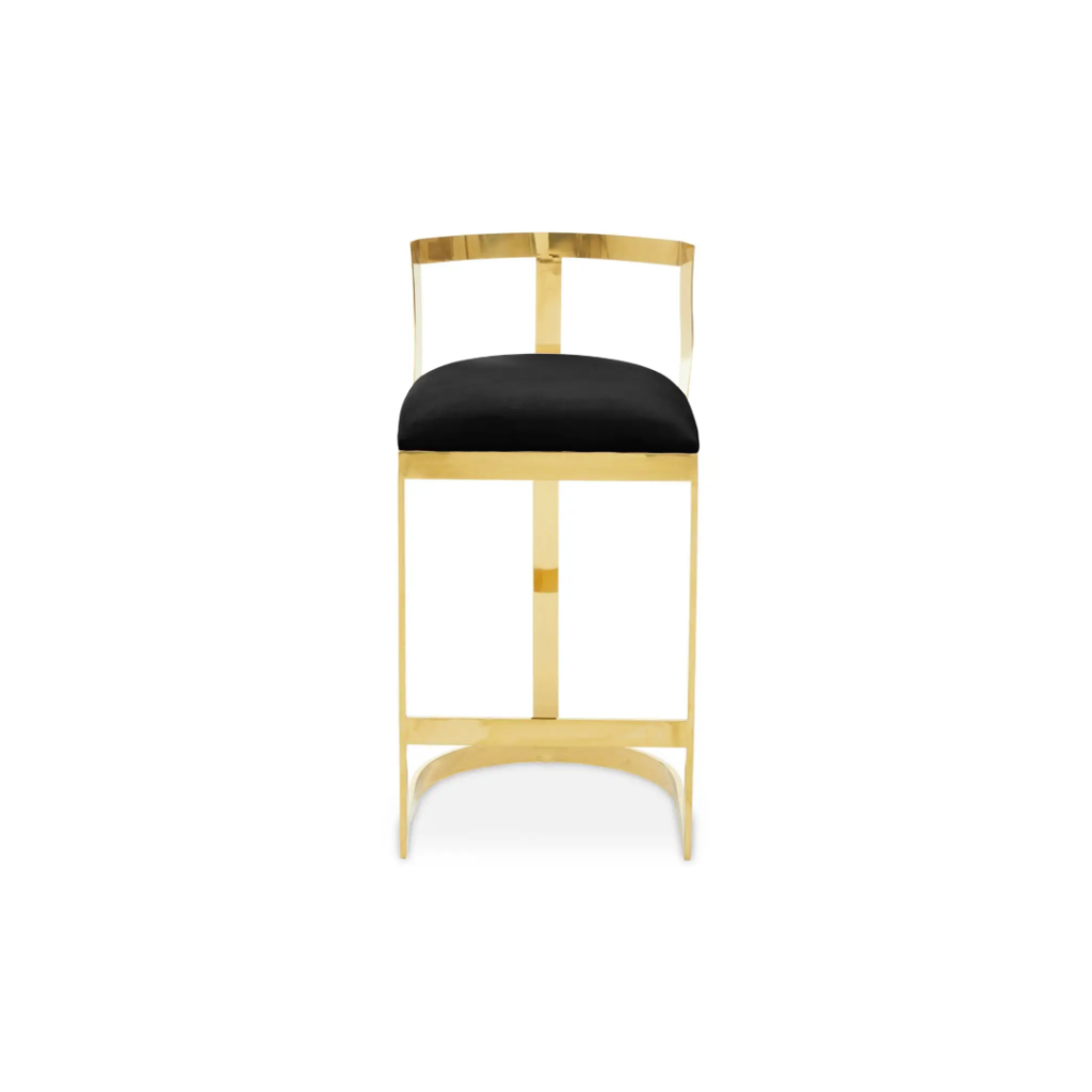 GADA Black Barstool with black velvet seat, gold stainless steel frame, and curved backrest, perfect for modern interiors.