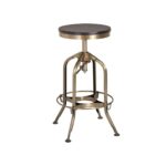 WREN Barstool with brass steel frame and black ash wood seat, featuring adjustable height for versatile use.