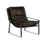 BASTIEN Black Lounge Chair with distressed genuine leather, cushioned backrest and seat, and sleek metallic frame for a modern industrial look.