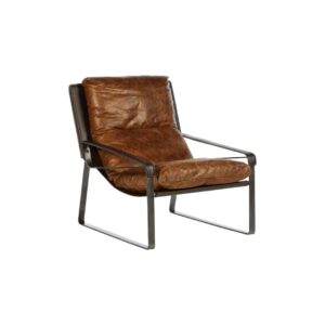 BASTIEN Tan Lounge Chair with light brown distressed leather, cushioned backrest, tonal stitching, and sleek metallic frame for a modern industrial look.