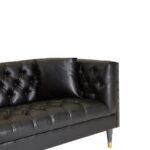 ZEISS Three-Seater Sofa in black faux leather with Chesterfield-inspired deep button tufting and natural pine wood frame.