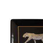 Stoneware tray with a leopard graphic, black surface, and metallic trim, perfect for decor or serving.