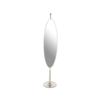 Full-length floor mirror with bevelled edging, metallic silver tips, and an adjustable nickel-coated stand with a round base.