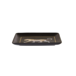 Stoneware tray with a leopard graphic, black surface, and metallic trim, perfect for decor or serving.