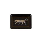 Stoneware tray with a leopard graphic, black surface, and metallic trim, perfect for decor or serving.