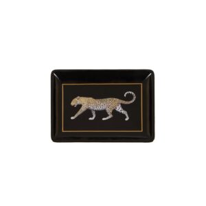 Stoneware tray with a leopard graphic, black surface, and metallic trim, perfect for decor or serving.