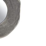 Small round wall mirror with a silver oak-textured frame and a sleek reflective glass surface.