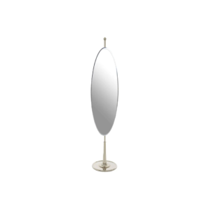 Full-length floor mirror with bevelled edging, metallic silver tips, and an adjustable nickel-coated stand with a round base.