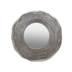 Small round wall mirror with a silver oak-textured frame and a sleek reflective glass surface.