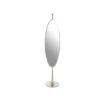Full-length floor mirror with bevelled edging, metallic silver tips, and an adjustable nickel-coated stand with a round base.