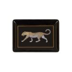 Stoneware tray with a leopard graphic, black surface, and metallic trim, perfect for decor or serving.