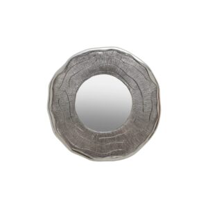 Small round wall mirror with a silver oak-textured frame and a sleek reflective glass surface.