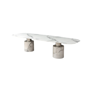 White marble dining table with rounded corners, cylindrical marble legs, and polished stainless steel supports for a modern design.