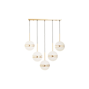 Contemporary pendant light with five spherical glass lampshades and brushed brass finish, perfect for dining rooms and modern interiors.