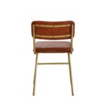 Tan leather dining chair with horizontal channel tufting and a sleek angular gold-finished iron frame.