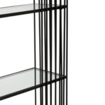 Black iron bookshelf with vertical rods and clear glass shelves, perfect for modern and minimalist interiors.