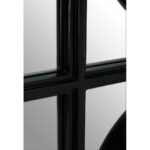 Window-inspired rectangular wall mirror with a black frame and geometric circular lattice overlay.