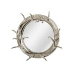 Round wall mirror with a reflective metallic frame and four nickel-finished sculptural antlers, perfect for modern and rustic interiors.