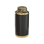 Black and gold KNIGHT Large Canister with zebra-patterned lid, crafted from glossy porcelain for sophisticated decor.