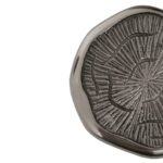 Set of four silver aluminum coin-shaped coasters with oak-textured surfaces and a polished finish.