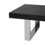 Black elm wood coffee table with a rectangular top and sturdy stainless steel legs for a modern industrial design.