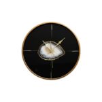 Modern round wall clock with a black finish, gold markers, and a natural agate slice centrepiece, perfect for contemporary interiors.