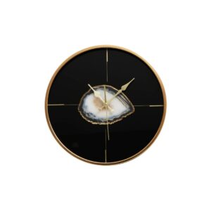 Modern round wall clock with a black finish, gold markers, and a natural agate slice centrepiece, perfect for contemporary interiors.