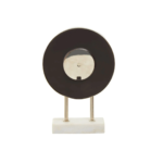 Modern clock with a mirrored face, silver frame, and white marble base, ideal for elegant desk or mantel decor.