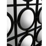 Window-inspired rectangular wall mirror with a black frame and geometric circular lattice overlay.