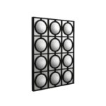 Window-inspired rectangular wall mirror with a black frame and geometric circular lattice overlay.