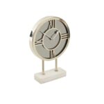 Modern clock with a mirrored face, silver frame, and white marble base, ideal for elegant desk or mantel decor.
