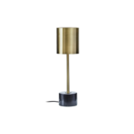Modern black table lamp with a brushed brass shade and slim stem, complemented by a solid black marble base, perfect for contemporary interiors.