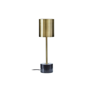 Modern black table lamp with a brushed brass shade and slim stem, complemented by a solid black marble base, perfect for contemporary interiors.