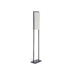 Sleek black floor lamp with a rectangular metal frame and a suspended white linen cylindrical shade, perfect for modern interiors.