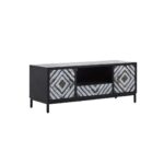 Modern wood TV unit with geometric-patterned doors, a drawer, and a black metal frame, ideal for contemporary living spaces.