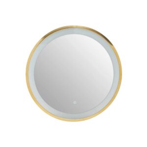 Modern round wall mirror with edge illumination and a gold frame, ideal for grooming and décor in contemporary interiors.