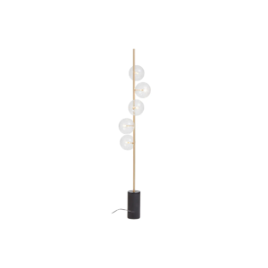 Sleek brass floor lamp with five spherical lampshades and a sturdy black marble base, ideal for contemporary interiors.